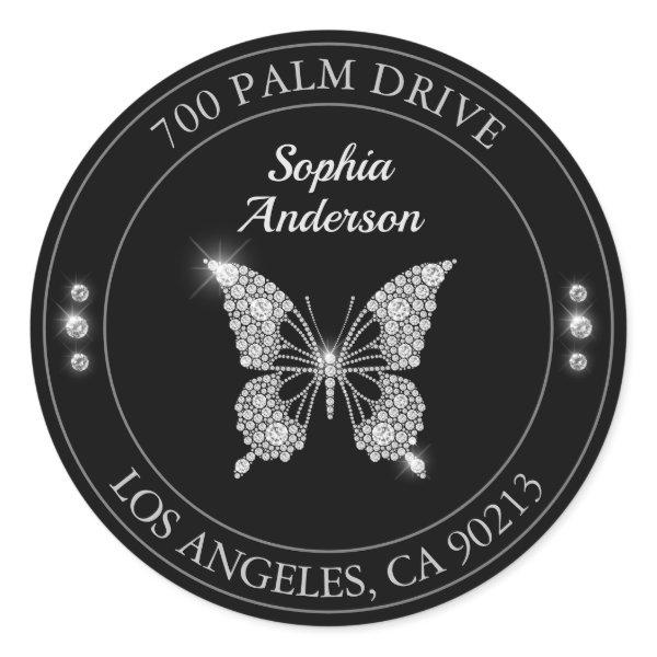 Diamond Butterfly, Return Address, Gray Text Classic Round Sticker