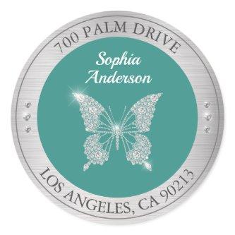 Diamond Butterfly, Silver Metal Return Address Classic Round Sticker