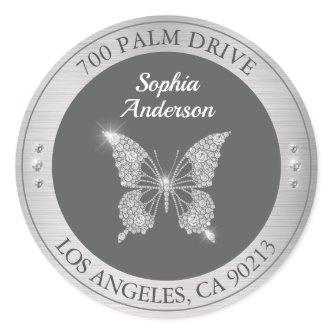 Diamond Butterfly, Silver Metal Return Address Classic Round Sticker