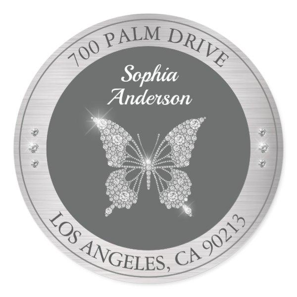 Diamond Butterfly, Silver Metal Return Address Classic Round Sticker