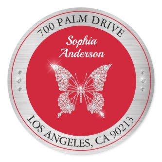 Diamond Butterfly, Silver Metal Return Address Red Classic Round Sticker