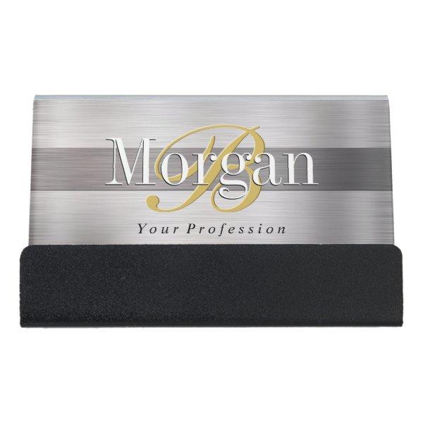 DIY Gold Monogram White Name, Lt/Dk Brushed Silver Desk  Holder