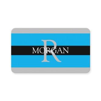 DIY Monogram Name Info Black Grey Sky Blue Stripes