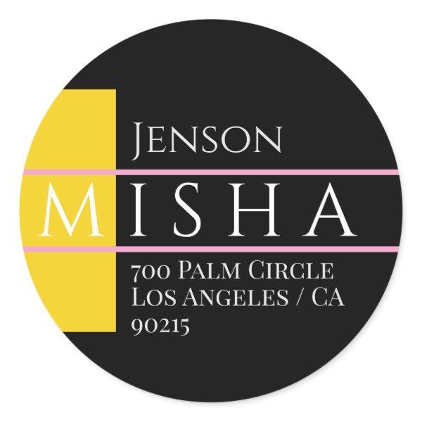 DIY Name & Address / Yellow Gold, Black and Pink Classic Round Sticker