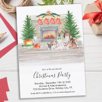 Dog Lovers Cats Christmas Fireplace Scene Party Invitation