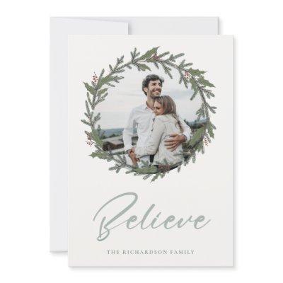 Dusky Sage Green Christmas Wreath Photo Believe Holiday Card