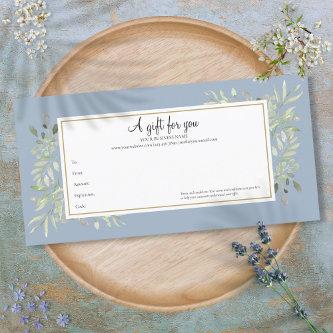 Dusty Blue Greenery Gold Business Gift Certificate
