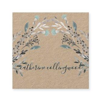 Dusty Blue Greenery Kraft Paper Swash Script Square