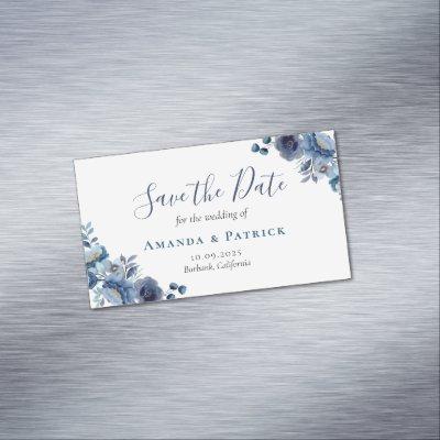 Dusty Blue Navy Ivory Floral Wedding Save The Date  Magnet