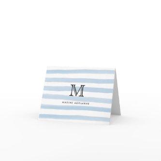 Dusty Blue Watercolor Stripes Pattern Monogram Note Card