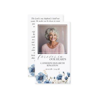 Dusty Blue White Floral Photo Memorial Prayer Card