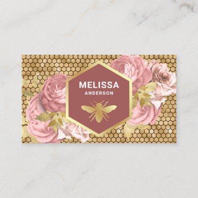 Dusty Pink Floral Gold Foil Honeycomb Honey Bee