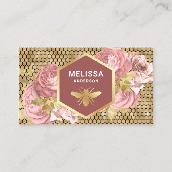 Dusty Pink Floral Gold Foil Honeycomb Honey Bee