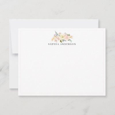 Dusty Pink Rose Peony Gold White Floral Watercolor Note Card