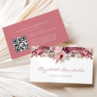 Dusty Rose Burgundy Watercolor Floral QR Code