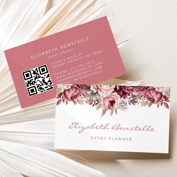 Dusty Rose Burgundy Watercolor Floral QR Code