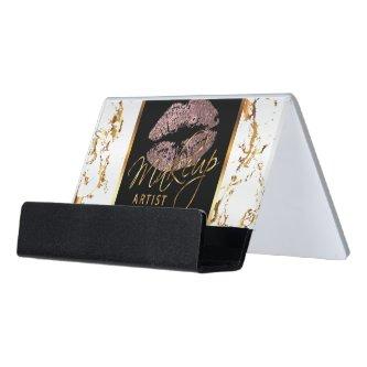 Dusty Rose Glitter Lips on Gold & White Marble Desk  Holder