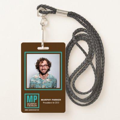 Earthy Natural Brown Turquoise Monogram Logo Photo Badge