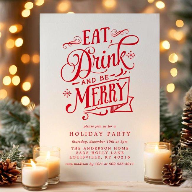 Eat Drink And Be Merry Red Stripes Holiday Party Invitation