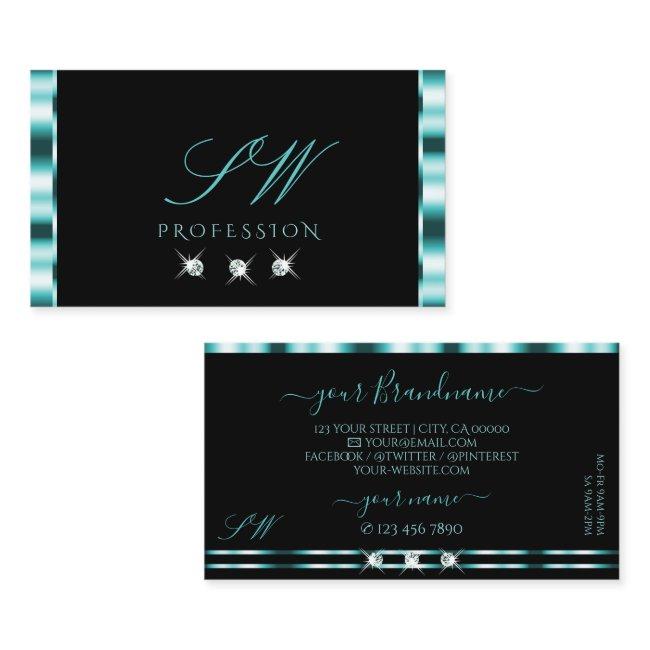 Elegance Black Teal Sparkling Diamonds Initials
