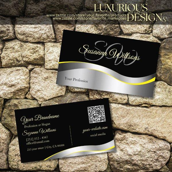 Elegance Black Wavy Silver Decor Initials QR Code