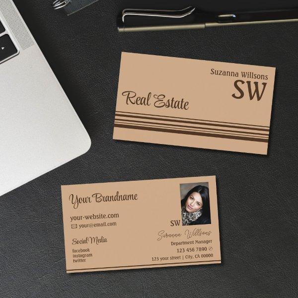 Elegant Beige Brown Stripes with Monogram & Photo