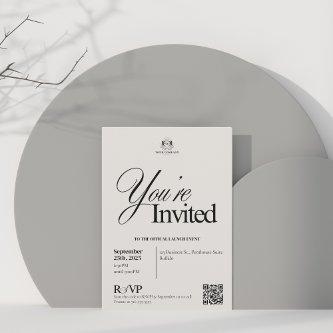 Elegant Beige Calligraphy QR Code Business Event  Invitation