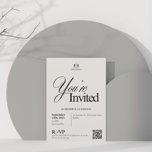 Elegant Beige Calligraphy QR Code Business Event  Invitation