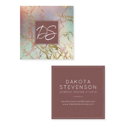 Elegant Beige Marble | Sage and Rose Gold Monogram Square