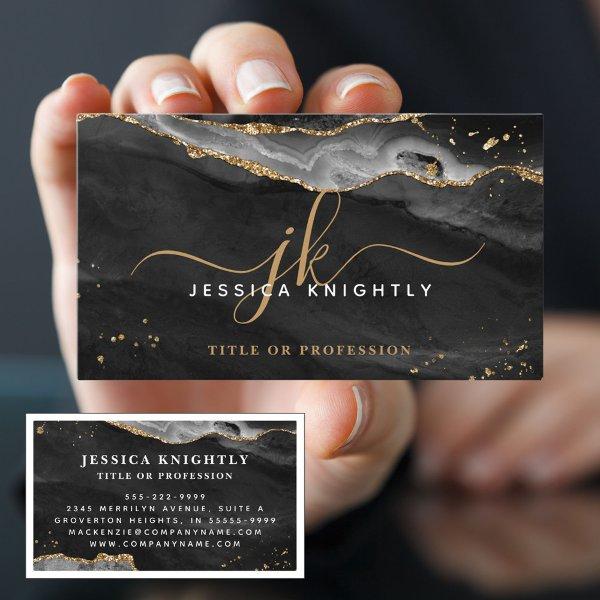 Elegant Black Agate Gold Glitter Script Monogram
