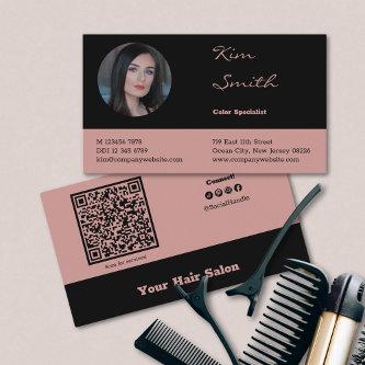 Elegant Black and Pink QR Code Hair Salon Employee