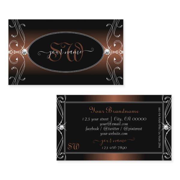 Elegant Black Brown Ornate Sparkle Jewels Initials
