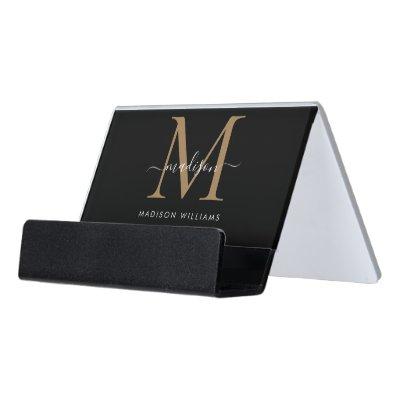 Elegant Black Gold Girly Monogram Script Name Desk  Holder