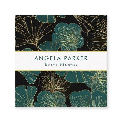 Elegant Black Green Gold Outline Ginkgo Leaves Square