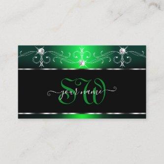 Elegant Black Green Ornate Sparkle Jewels Monogram