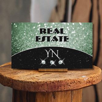 Elegant Black Green Sparkle Glitter with Monogram