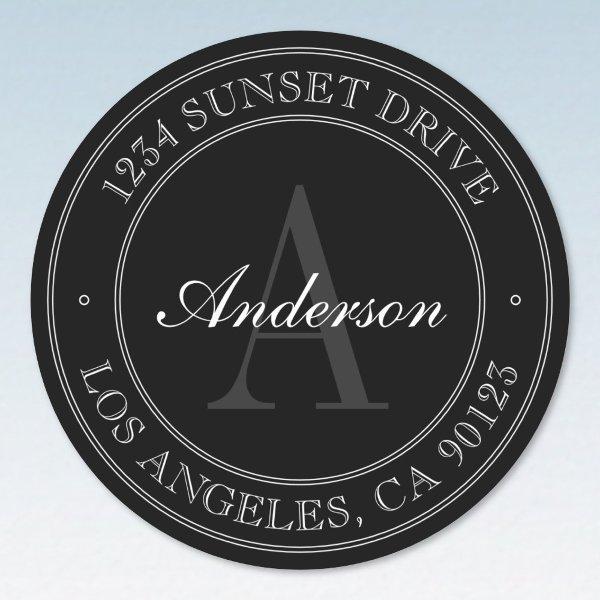 Elegant Black Grey & White Monogrammed Classic Round Sticker