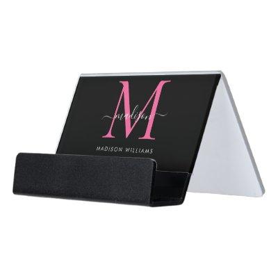 Elegant Black Hot Pink Girly Monogram Script Name Desk  Holder