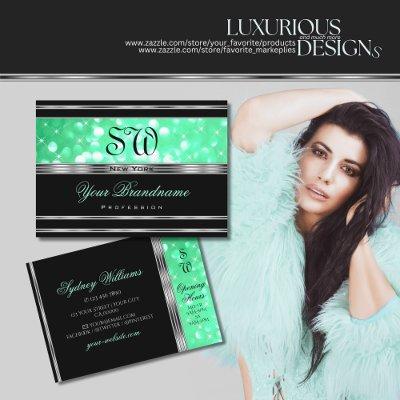 Elegant Black Mint Green Glitter Monogram Silver