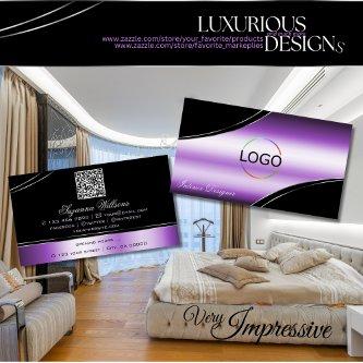 Elegant Black Purple Curved Lines Logo and QR Code