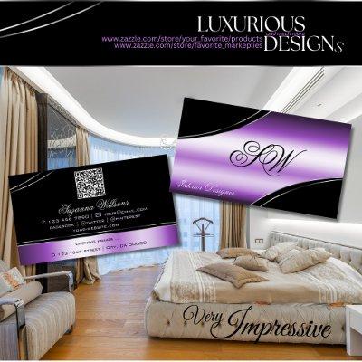 Elegant Black Purple Curved Lines Monogram QR Code