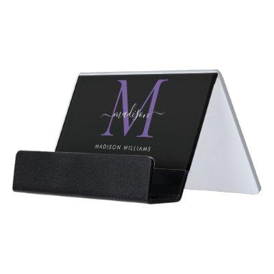 Elegant Black Purple Violet Monogram Script Name Desk  Holder