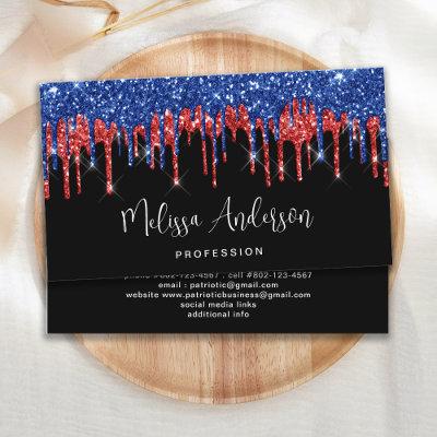 Elegant Black Red Blue Glitter Drips Patriotic