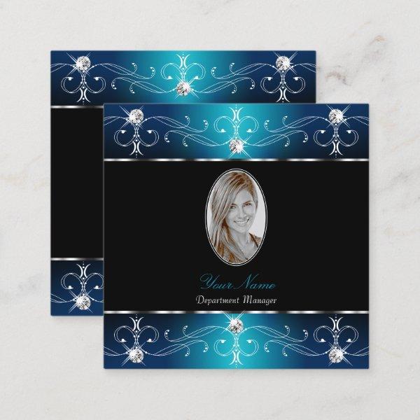 Elegant Black Teal Blue Ornate Ornaments Add Photo Square