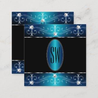 Elegant Black Teal Blue Ornate Ornaments Monogram Square