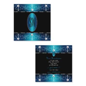 Elegant Black Teal Blue Ornate Ornaments Monogram Square