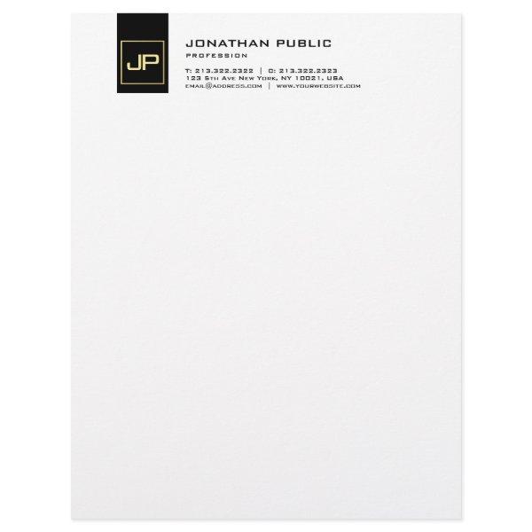 Elegant Black White Gold Monogram Modern Simple Letterhead