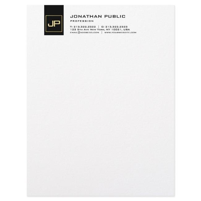 Elegant Black White Gold Monogram Modern Simple Letterhead