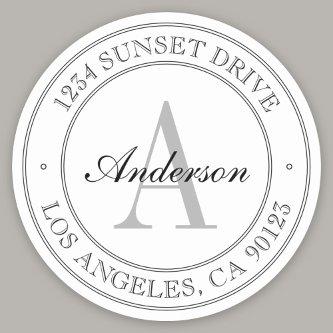 Elegant Black & White Monogram Address Classic Round Sticker