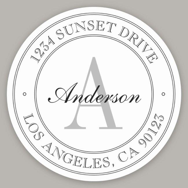 Elegant Black & White Monogram Address Classic Round Sticker